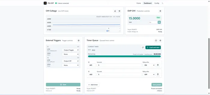 PSU-EXT dashboard showing OVP protection controls, external trigger configuration, and a timer queue