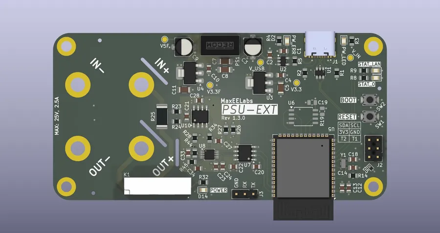 PSU-EXT board render, top view, Rev 1.2.0, showing the ESP32-S3 module, banana jack terminals, and USB-C connector
