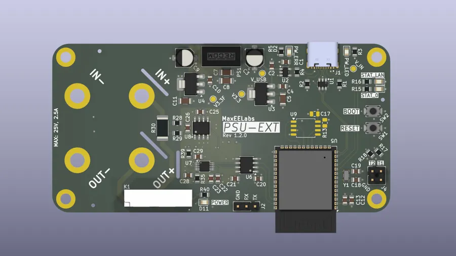 PSU-EXT board render, top view, Rev 1.2.0, showing the ESP32-S3 module, banana jack terminals, and USB-C connector