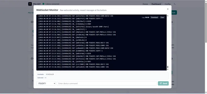 PSU-EXT built-in SCPI console showing raw WebSocket traffic and a command input field